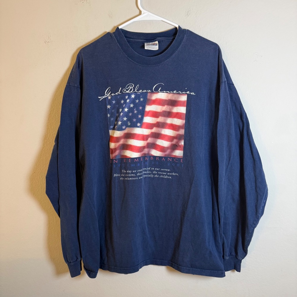 Vintage Hanes Beefy-T 9/11 Memorial God Bless America Navy Long Sleeve XL